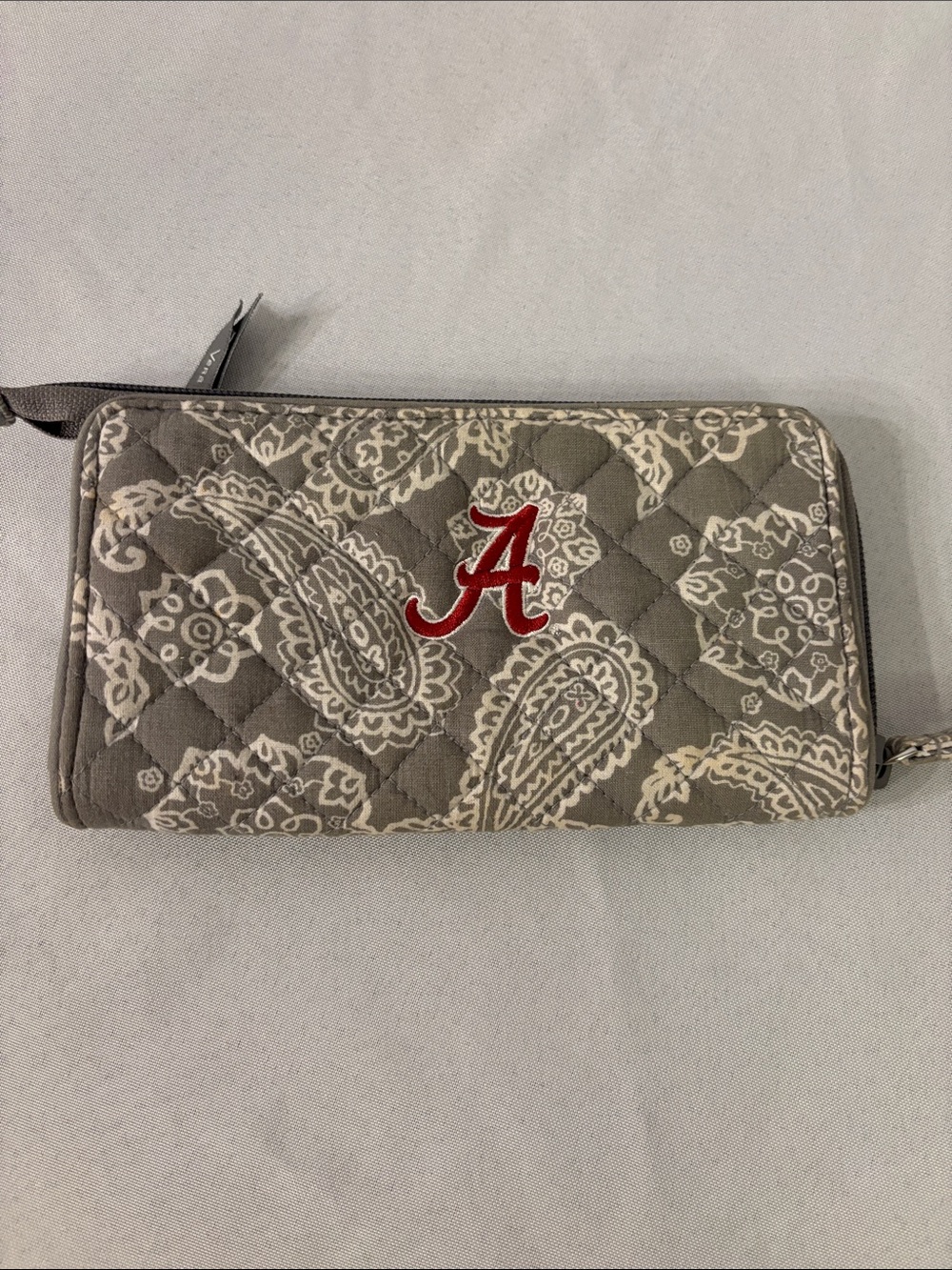 Vera Bradley Gray Quilted Paisley Wristlet with Red Embroidered Alabama 'A'